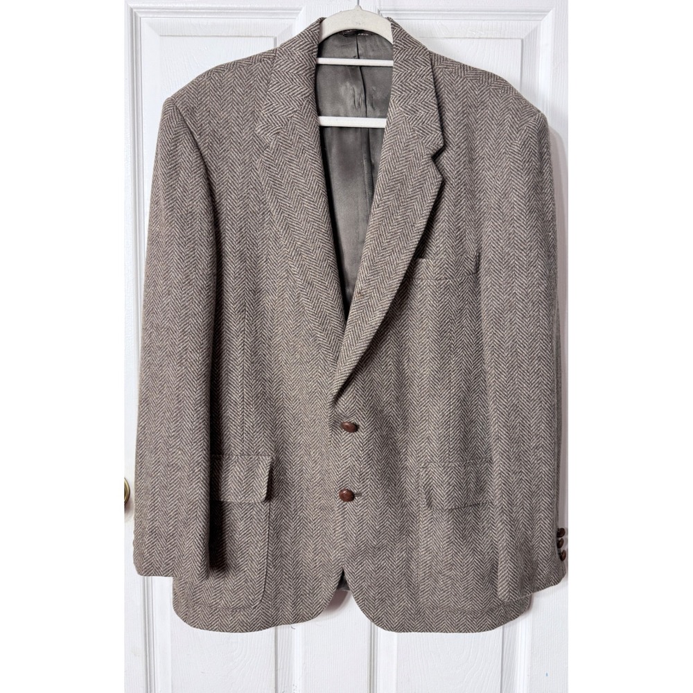 Farah Vintage Mens 44R Pure Wool Herringbone Blazer Sport Coat Brown Tan